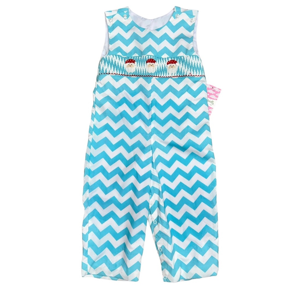 Lolly Wolly Doodle Smocked Santa Christmas Longall Romper 2T
